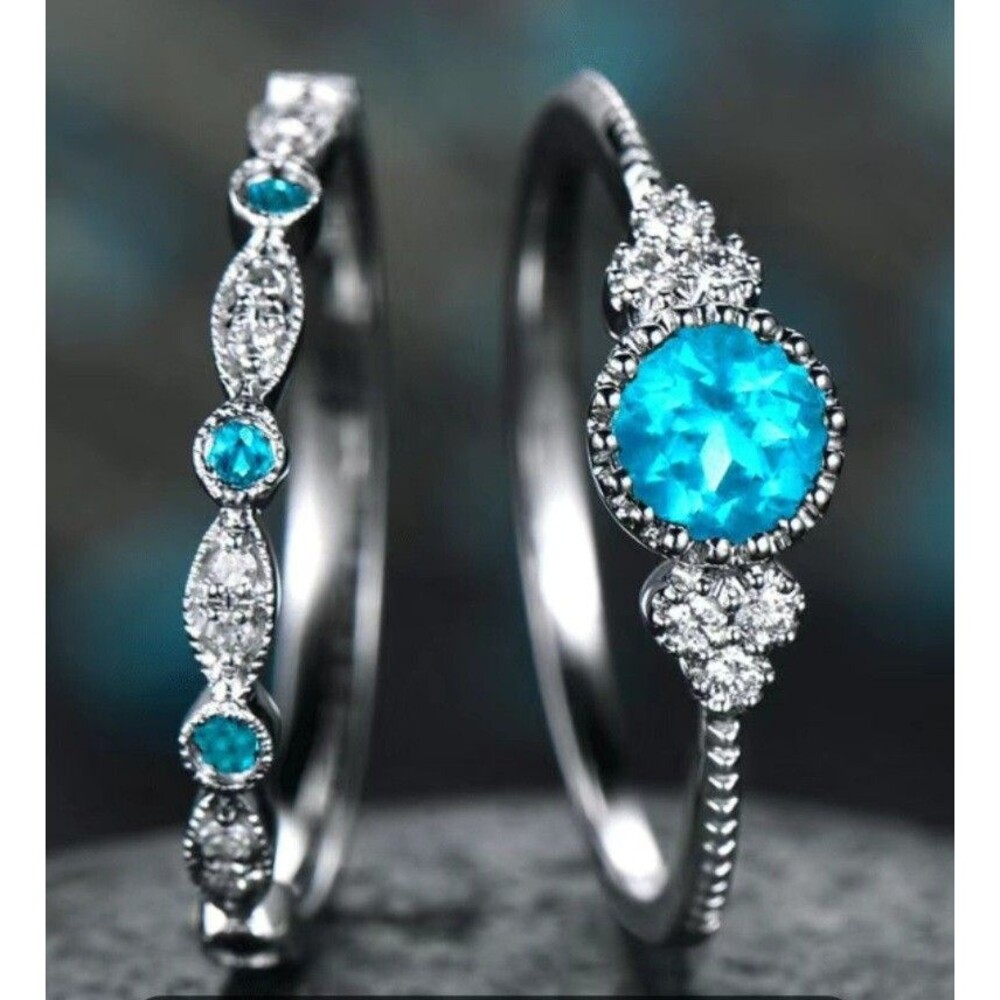 Rings Size 9 New Silver Plated Topaz Zircon 2pcs Elegant Dainty Inlaid Shining
